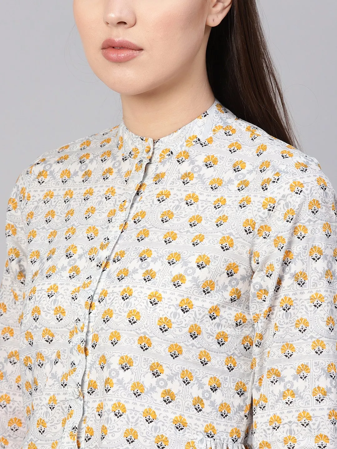 Women Blue & Mustard Yellow Printed Shirt Style Top