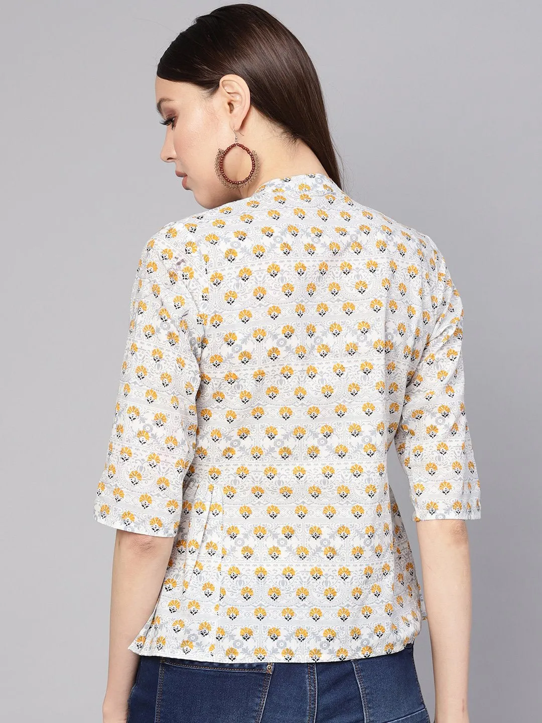 Women Blue & Mustard Yellow Printed Shirt Style Top