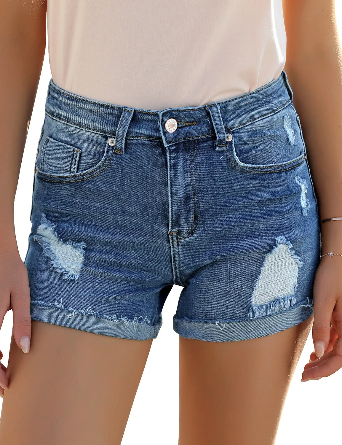 Women's Casual High Waist Ripped Frayed Raw Hem Denim Jeans Shorts